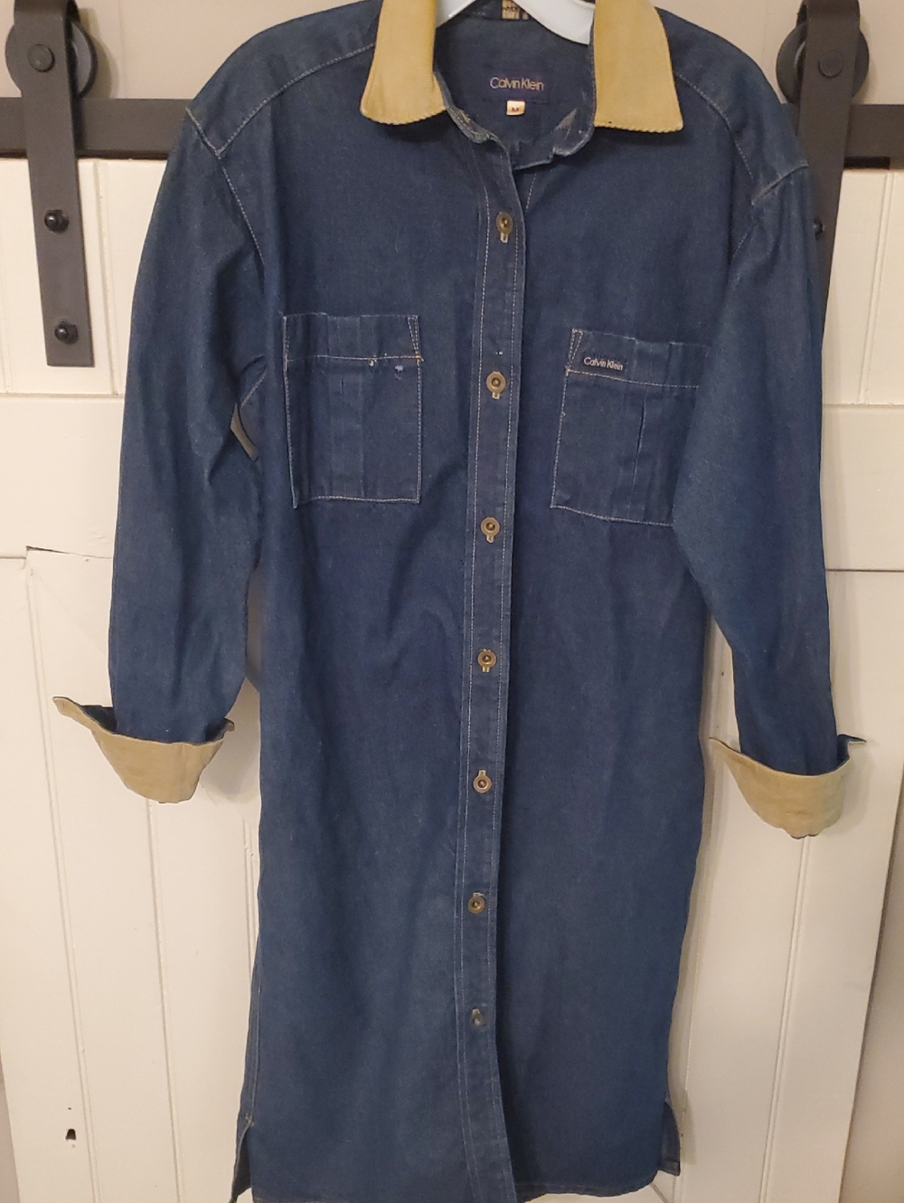 Calvin Klein Dark Blue Denim Shirt Dress with Tan Collar